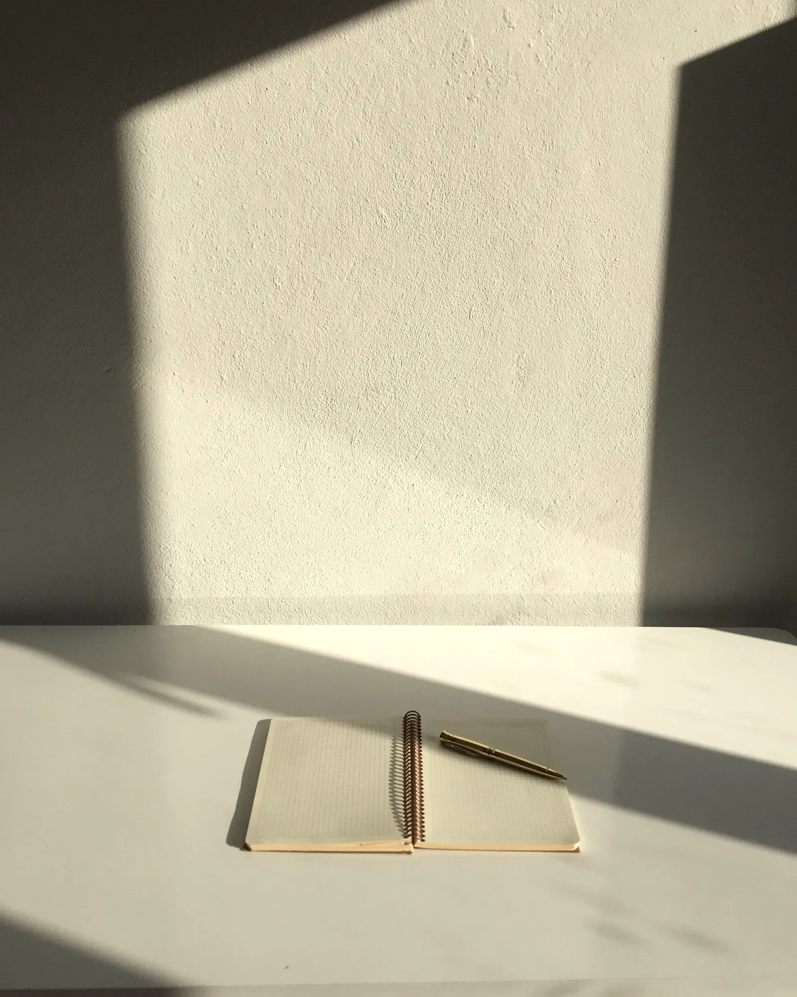 Carnet ouvert et stylo doré sur un bureau clair traversé par la lumière naturelle.